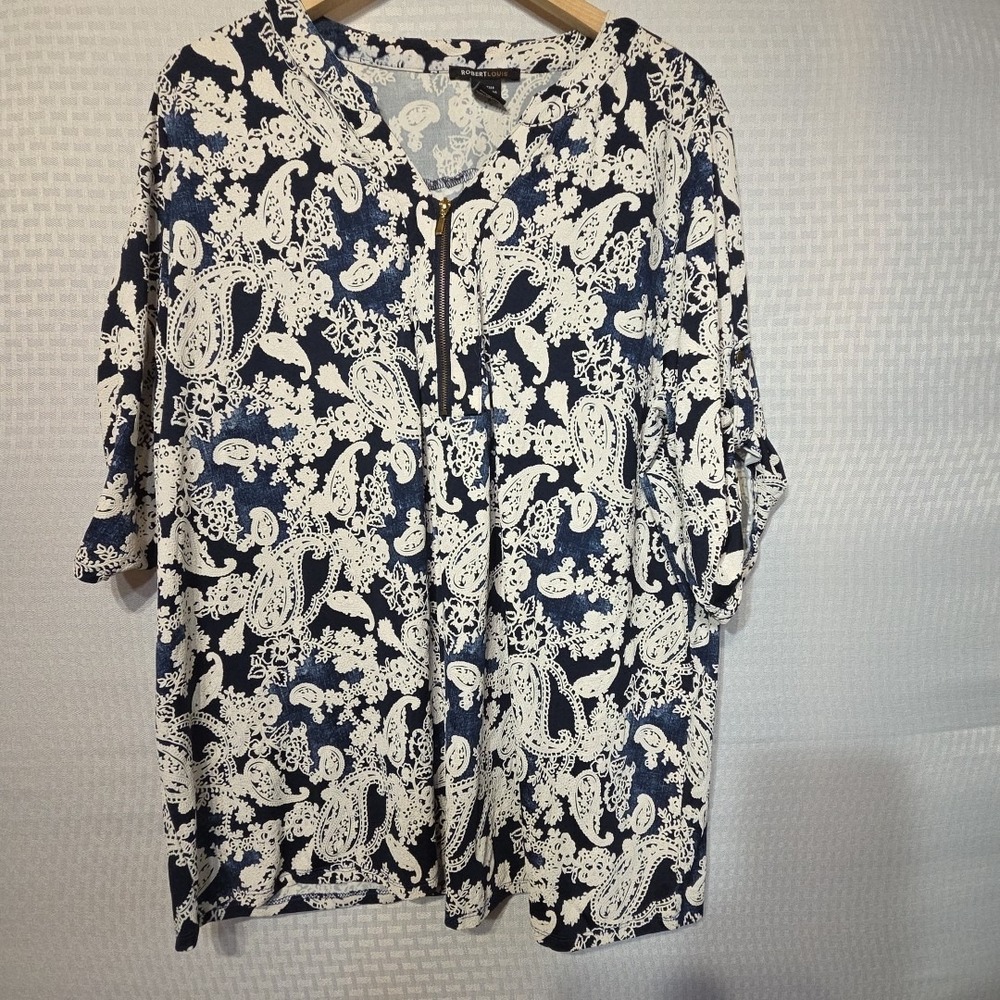 Robert Louis Womens Navy White Paisley Half Zip Roll Tab Sleeve Tunic Blouse